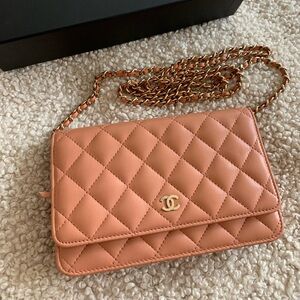 CHANEL Classic Wallet On Chain WOC in Salmon Beige Lambskin Leather